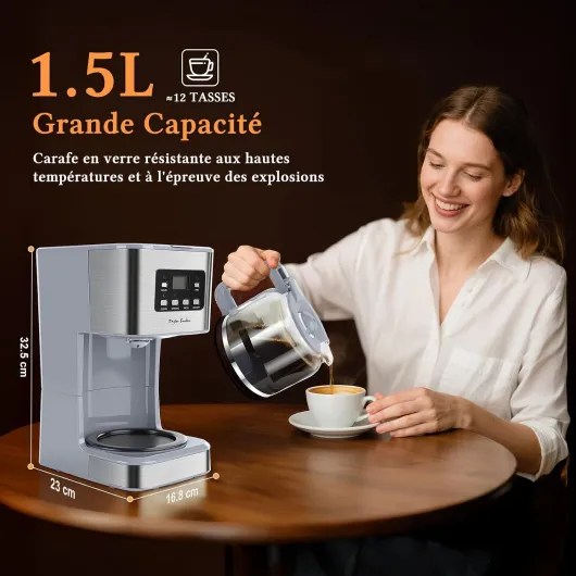 Cafetiere Filtre, Programmable 24h Cafetiere Electrique 1,5L à 12 Tasses, Machine a Cafe Maintien au Chaud et Anti-Goutte 40 Min, Infusion Rapide, 950W, 0% BPA, Gris- Pewter Grey