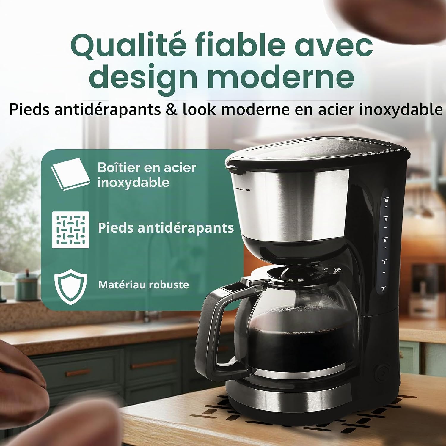 Emerio CME-122933 Cafetière filtrante 1,25 l pour jusqu'à 10 tasses de café frais, filtre permanent amovible, fonction anti-goutte, verseuse en verre, arrêt automatique, 1000 W, noir/argent