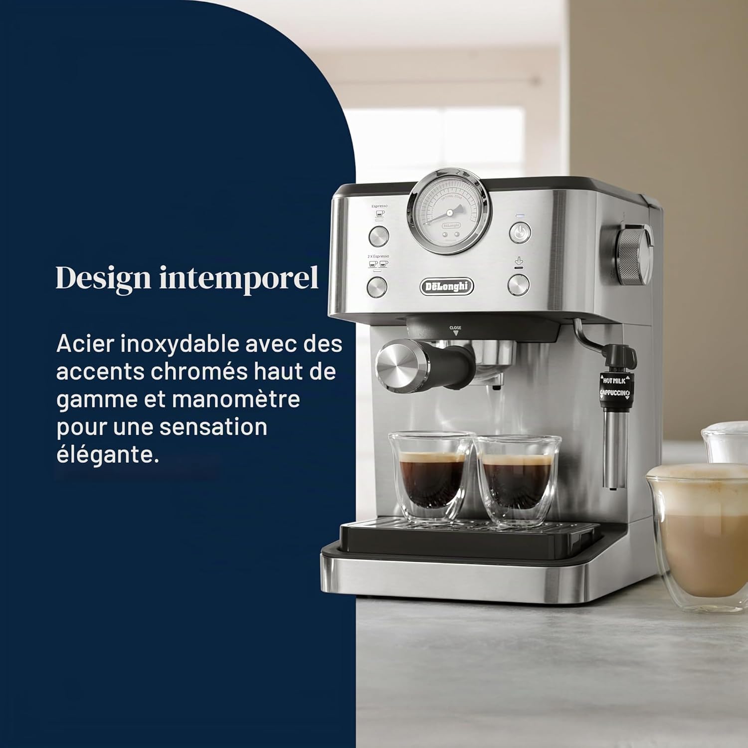 De'Longhi Linea Classic EM450.M Machine à café manuelle avec tige vapeur, machine à expresso avec pompe barista, buse pour cappuccino, filtre double paroi, 15 bar, tasse jusqu'à 13 cm, acier Métal