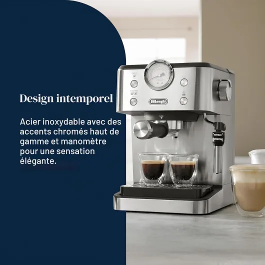 De'Longhi Linea Classic EM450.M Machine à café manuelle avec tige vapeur, machine à expresso avec pompe barista, buse pour cappuccino, filtre double paroi, 15 bar, tasse jusqu'à 13 cm, acier Métal