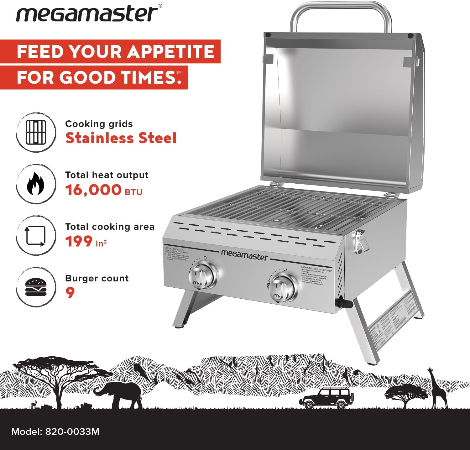 Megamaster Gril à gaz portable à 2 brûleurs en acier inoxydable avec couvercle intégré, 16 000 BTU, pieds pliables, petit barbecue au propane pour cuisine en plein air, camping, hayon, patios et plus