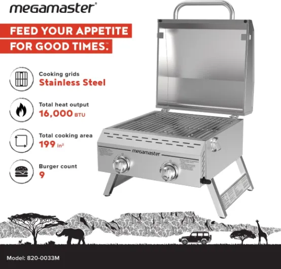 Megamaster Gril à gaz portable à 2 brûleurs en acier inoxydable avec couvercle intégré, 16 000 BTU, pieds pliables, petit barbecue au propane pour cuisine en plein air, camping, hayon, patios et plus