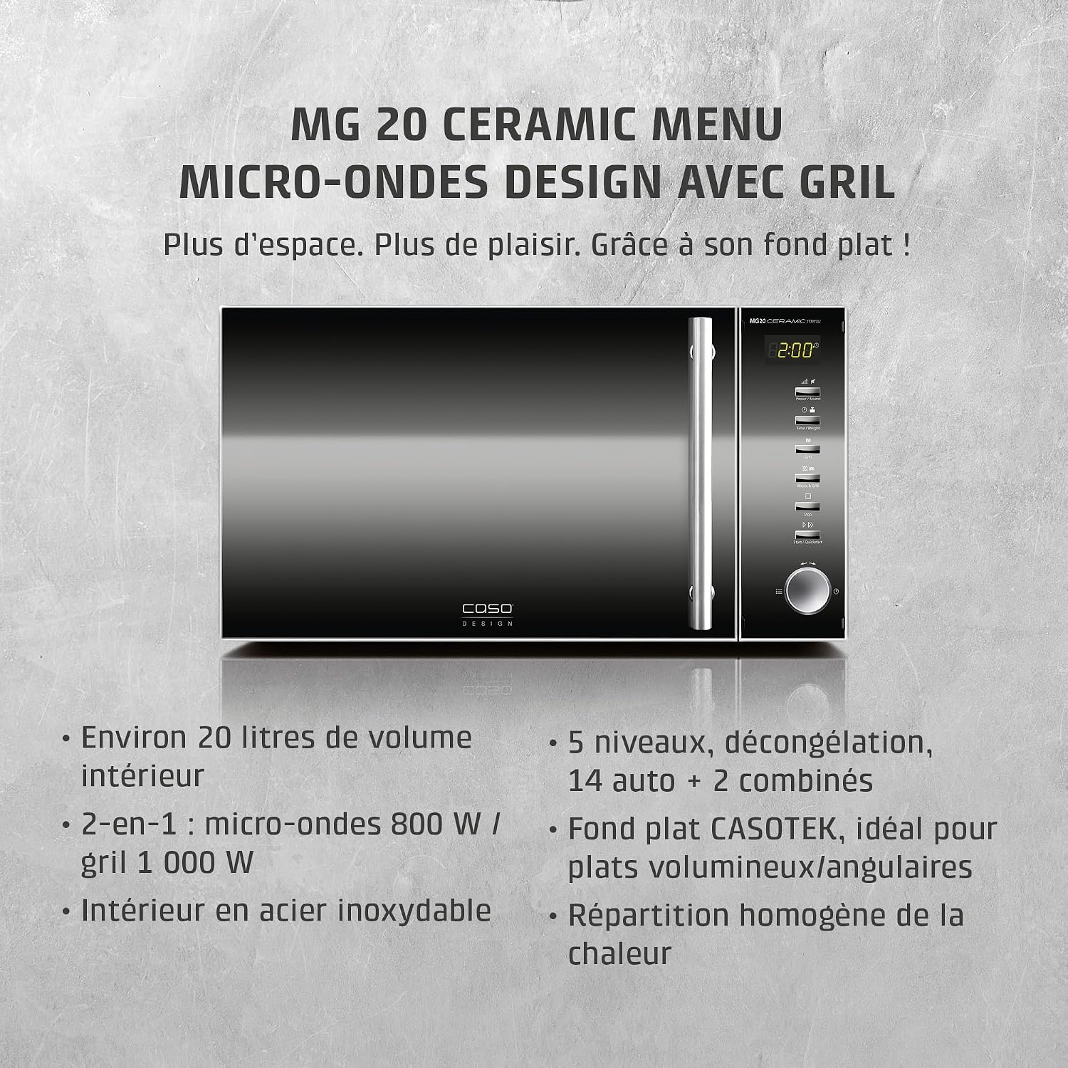 MG 20 Ceramic Menu - Micro-ondes 2-en-1 avec gril - Fond en céramique avec grille de cuisson pour deux niveaux, 800 W, gril 1 000 W, 20 L, intérieur en acier inoxydable, façade miroir