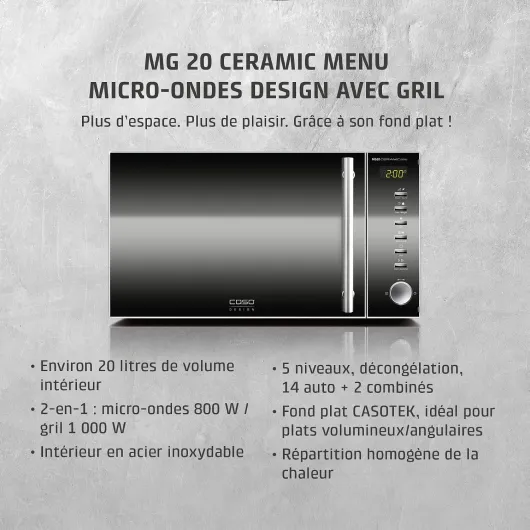 MG 20 Ceramic Menu - Micro-ondes 2-en-1 avec gril - Fond en céramique avec grille de cuisson pour deux niveaux, 800 W, gril 1 000 W, 20 L, intérieur en acier inoxydable, façade miroir