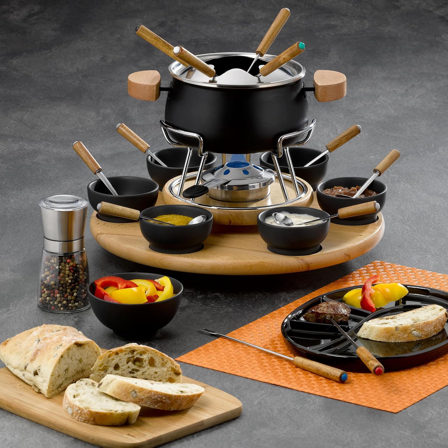 Kela 61201 service à fondue à viande, 6 personnes, 23 pièces, acier émaillé et bois, 'Natura'