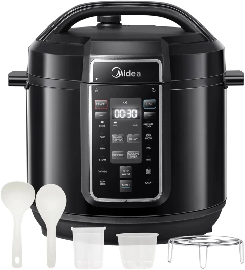 Midea Autocuiseur Électrique Rapide 9-en-1, 12 Programmes Prédéfinis, Multicuiseur Inox Instantané avec Pot Antiadhésif, Yaourtière, Cuiseur de Riz, Cuisson Lente, Sauté, Vapeur, 8L, Noir 7.6 L