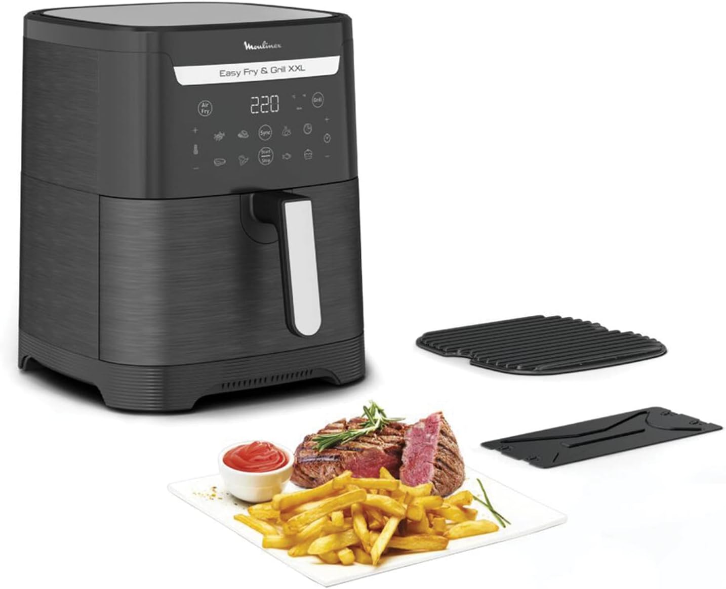 Easy Fry & Grill XXL Friteuse sans huile + gril, Capacité 6,5 L, Jusqu’à 8 personnes, 8 programmes automatiques, Séparateur double cuisson, Application Moulinex, air fryer EZ801810