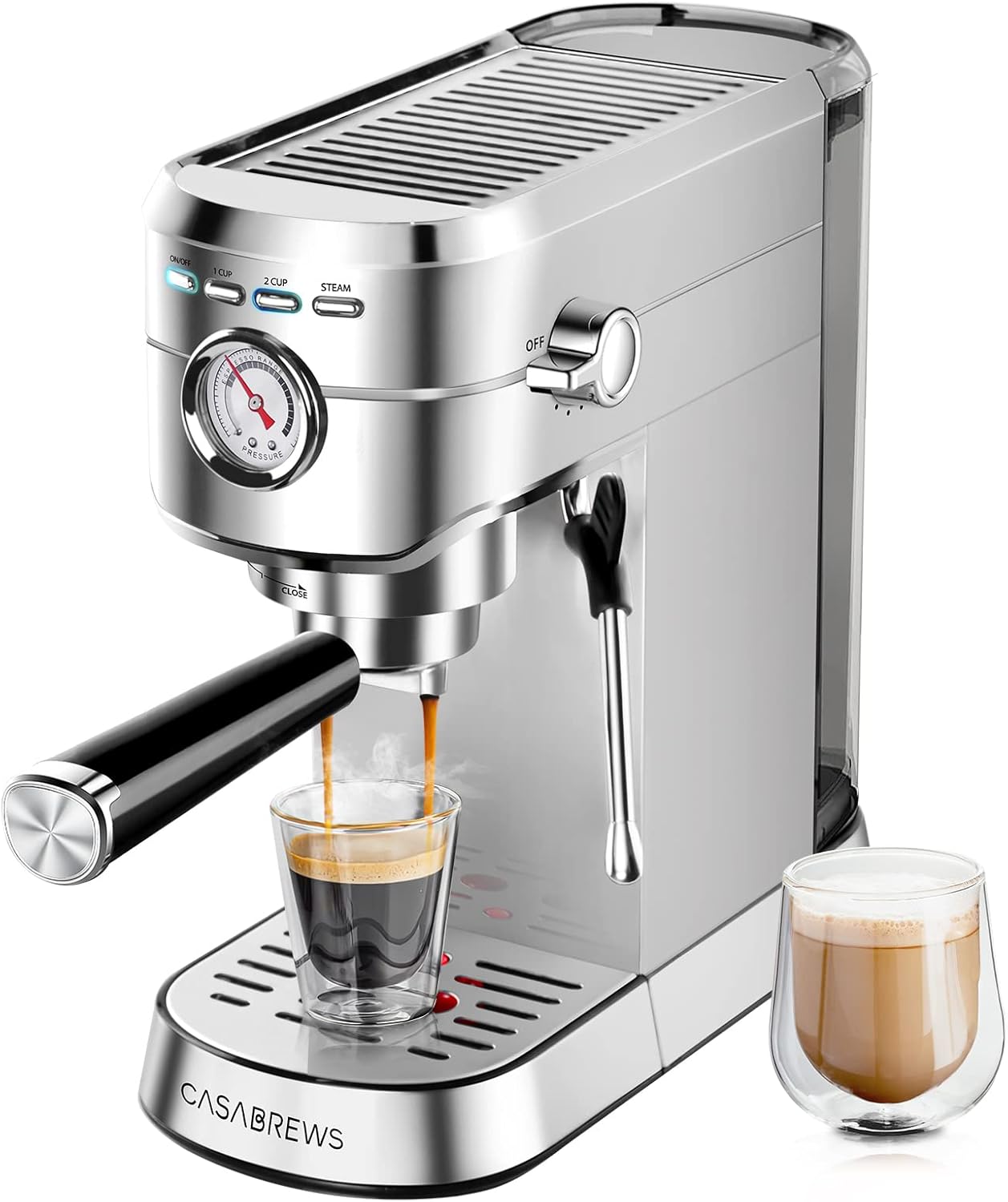 CASABREWS Machine à Cafetière Expresso avec buse à Mousse de lait Puissante, 20Bars Cafetière et Machine à Cappuccino avec Manomètre, Réservoir de 1 L, Boîtier en métal, Acier inoxydable