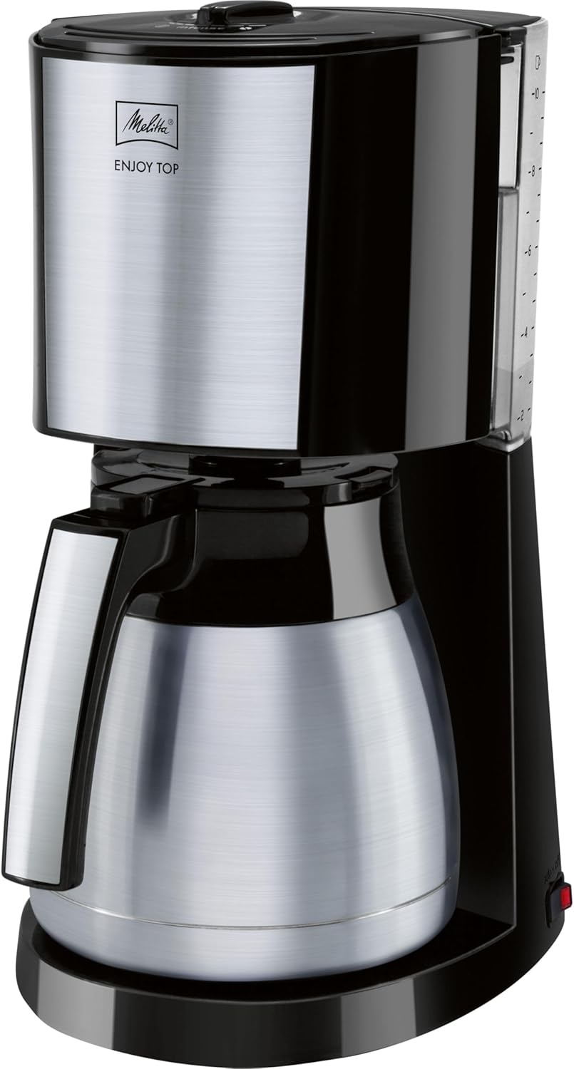Melitta Cafetière à Filtre Enjoy Top Therm Noir/Acier Brossé, avec Verseuse Isotherme en Acier Inoxydable et Sélecteur d’Intensité, capacité 1O-15 tasses, modèle 1017-08