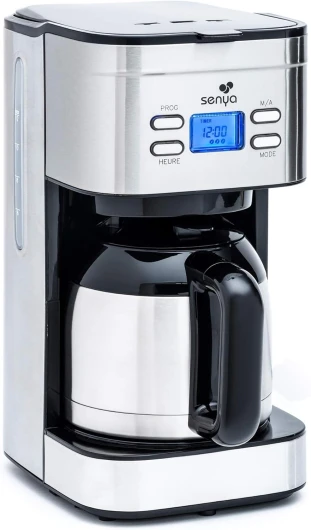 Cafetière électrique programmable Inox Hot Coffee, verseuse isotherme en acier inoxydable, fonction sélecteur d’arôme, maintien au chaud, 1,2L, 800W, SYBF-CM025