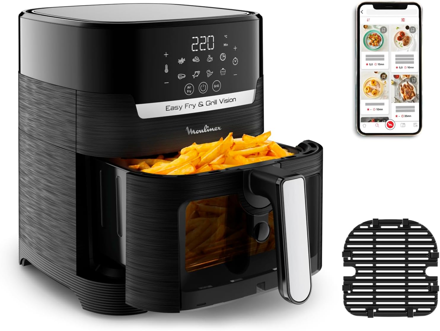 Easy Fry & Grill Vision Friteuse sans huile + Grill, Capacité 4,2 L, Jusqu'à 6 personnes, 8 programmes automatiques, Fenêtre amovible, Écran tactile, air fryer EZ506820