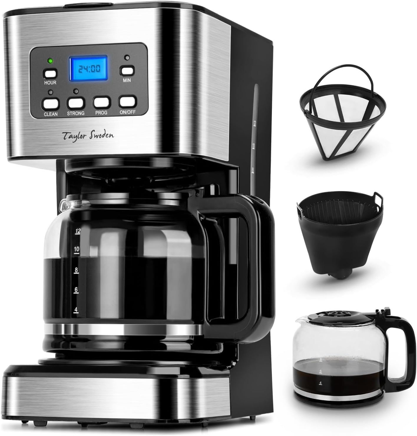 Taylor Swoden Cafetiere Filtre, Programmable 24h Cafetiere Electrique 1,5L à 12 tasses, Machine a Cafe Maintien au Chaud et Anti-Goutte 40 Min, Infusion Rapide, 950W, 0% BPA, Noir - Darcy