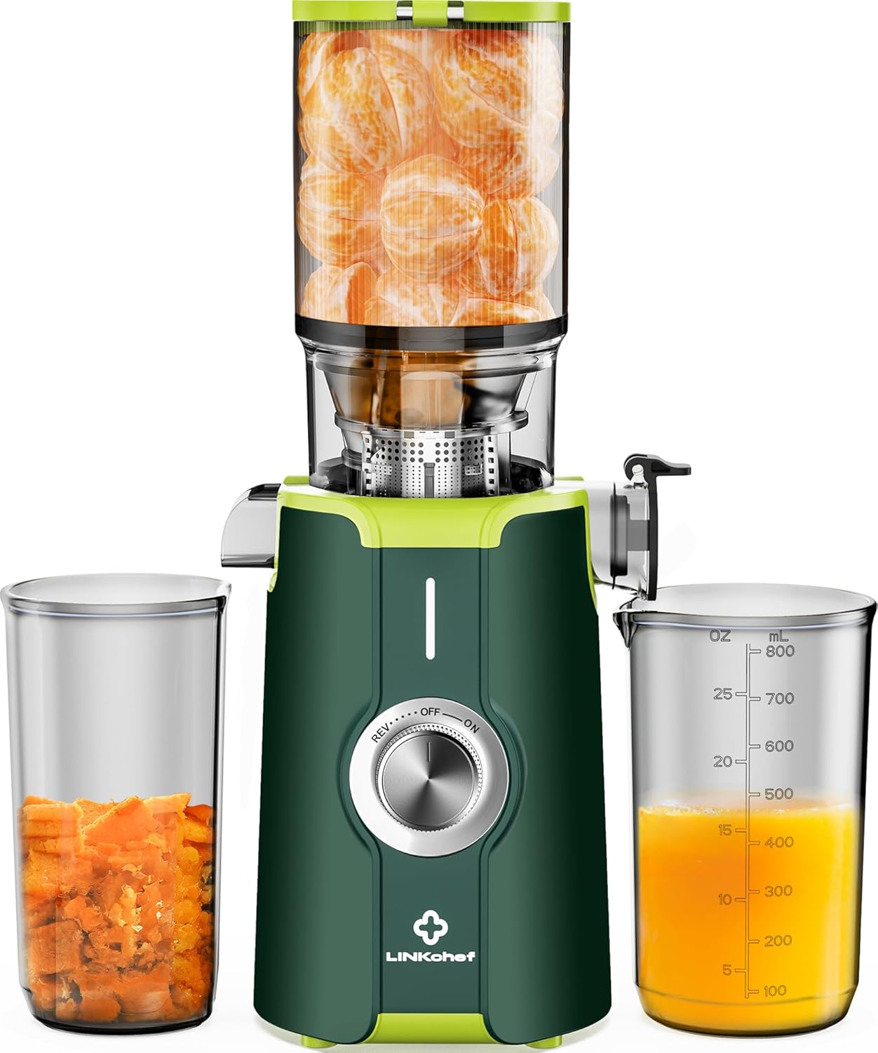 Sans Préparation Extracteur de Jus Vertical, Nettoyage Rapide Extracteur de Jus Lent, 115mm Machine a Jus de Fruit Extracteur Entiers, Facile à installer, LINKChef 1.2L, 200w, Vert