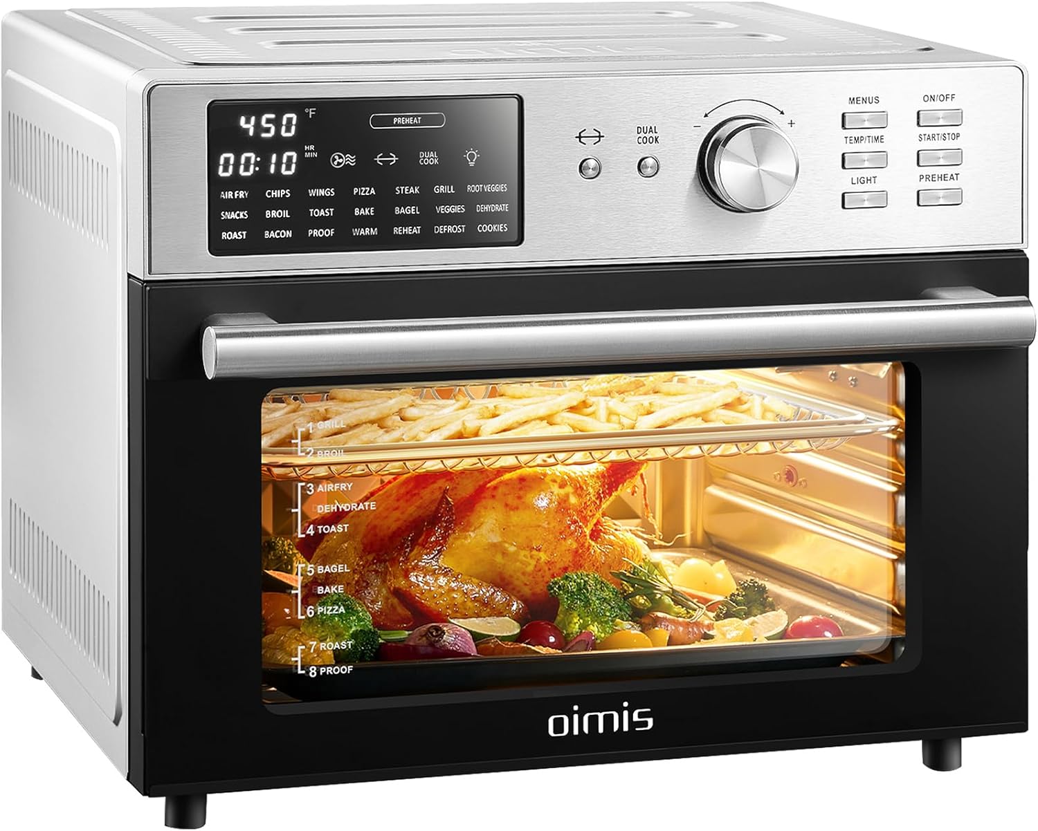 OIMIS Inox Air Fryer xxl 30L, 1800W Friteuse Sans Huile, 21 in 1 Petit Four a Pizza Electrique avec 7 Accessoires, Grande Capacité, Livre Recette, Grill, Dual Cook, Argenté