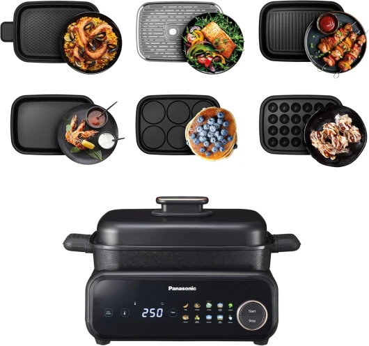 NF-GM600 Multicuiseur Electrique 6-en-1, 1400W, 40-250°C, 9 Modes Automatiques, 6 Accessoires, Extracteur de Fumée, Lavable au Lave-Vaisselle, Cordon de 2,5m, Noir