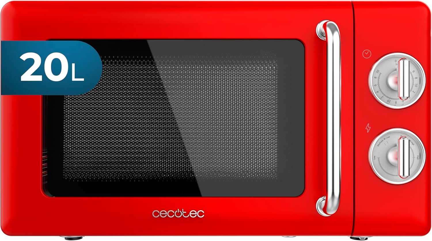 Micro-Ondes Mécanique Proclean 3010 Rouge Rétro 20 L - 700 W sur 6 Niveaux, Minuterie jusqu'à 30 Minutes, Mode Décongélation, Design Vintage en Rouge, Finitions Acier Manuel Rouge