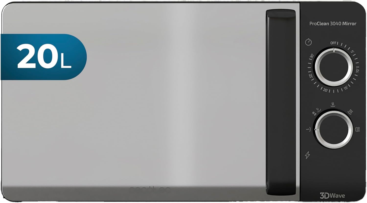 Micro-ondes ProClean 3040 - Capacité de 20 L, Revêtement Ready2Clean, 700 W de Puissance, 6 Niveaux de Fonctionnement, Minuterie 30 minutes, Mode Décongeler, Finition Noir - 20L - Miroir