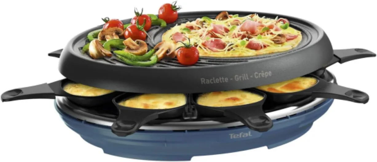 Raclette Colormania 3 en 1 Appareil à Raclette Grill et Crêpe, Revêtement Antiadhésif Easy Plus, 8 Coupelles, Compatible Lave-Vaisselle, 1050 W, Bleu Acier RE310401