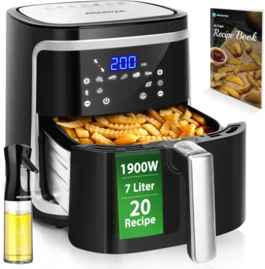 Cube - Friteuse à air sans huile de XXL, 1900W, 7L air fryer - Livre de recettes inclus - Mode manuel et fonction maintien au chaud - Panneau tactile LED, 7 préprogrammes Noir