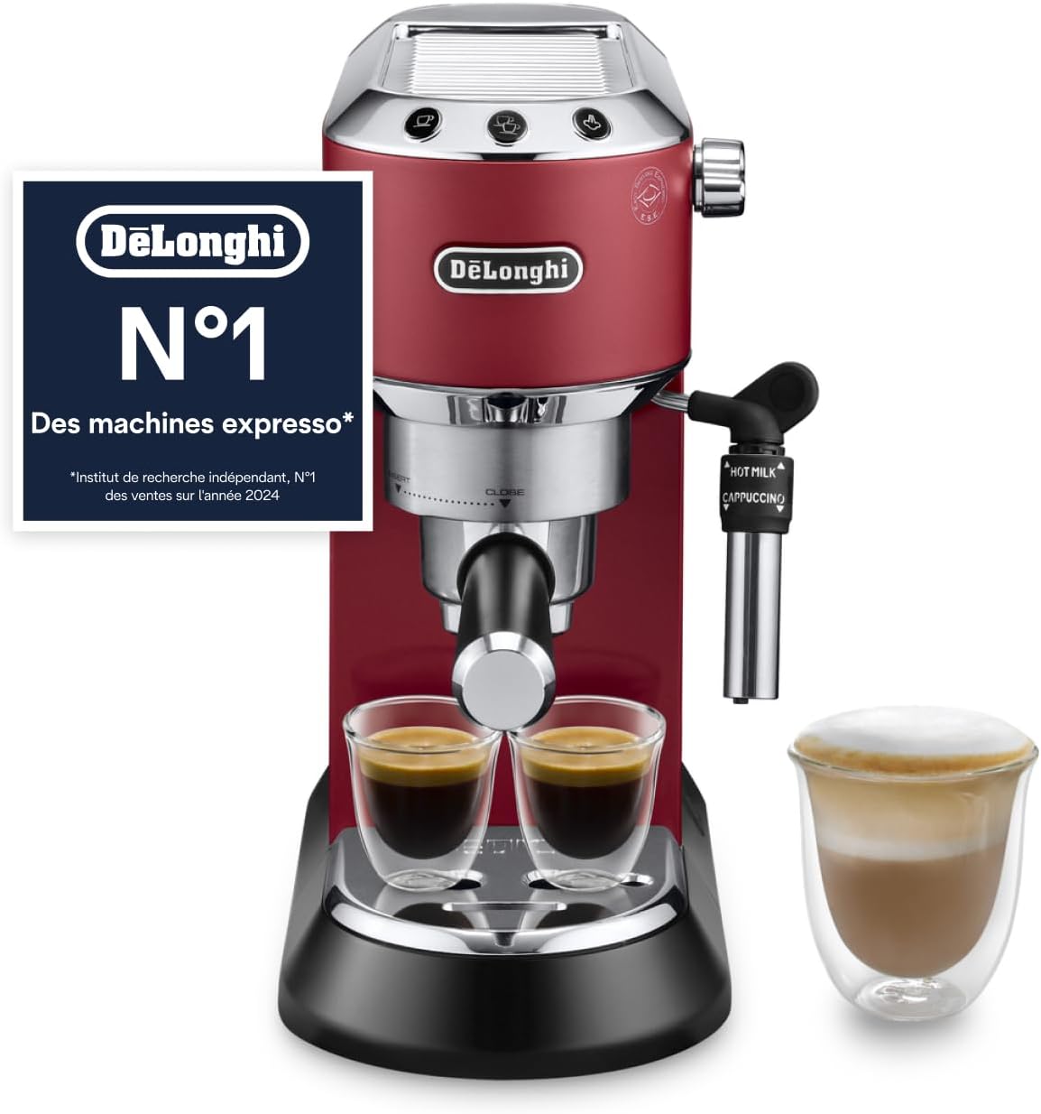 De'Longhi Dedica Style EC685.R, Machine à Café à Pompe en Acier Inoxydable Pour Café Moulu ou Dosettes, Machine à Espresso et Cappuccino, Réservoir de 1,3L, Système Anti-goutte, Rouge Rouge Unique