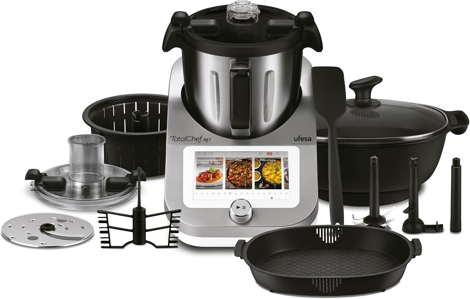 TotalChef RK7 Robot de Cuisine Multifonctions Inteligent, WIFI, 30 Fonctions, 4.5L, Écran Tactile 7 Pouces, Balance Integrée, Livre de Recettes Interactif, Argent / Blanc