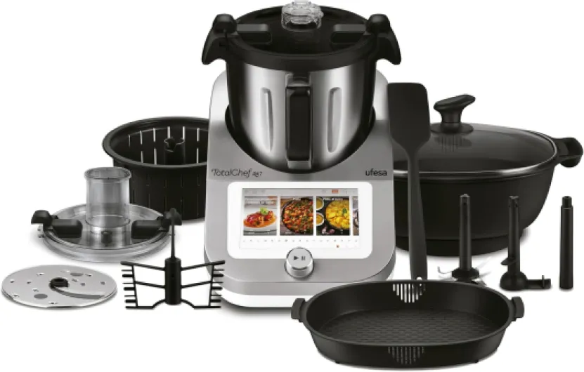 TotalChef RK7 Robot de Cuisine Multifonctions Inteligent, WIFI, 30 Fonctions, 4.5L, Écran Tactile 7 Pouces, Balance Integrée, Livre de Recettes Interactif, Argent / Blanc