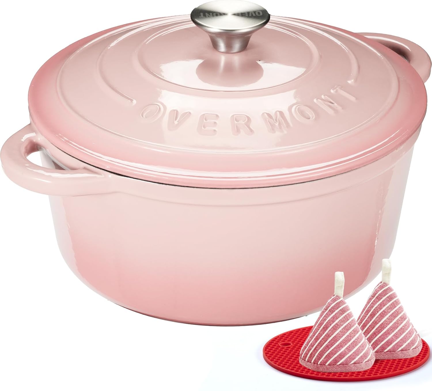 Cocotte en Fonte Émaillée - Ø26 cm Casserole Antiadhésive Avec Couvercle et Maniques en Coton - Batterie de Cuisine Robuste pour Braiser Ragoûts Rôtir Pain - Rose pastel