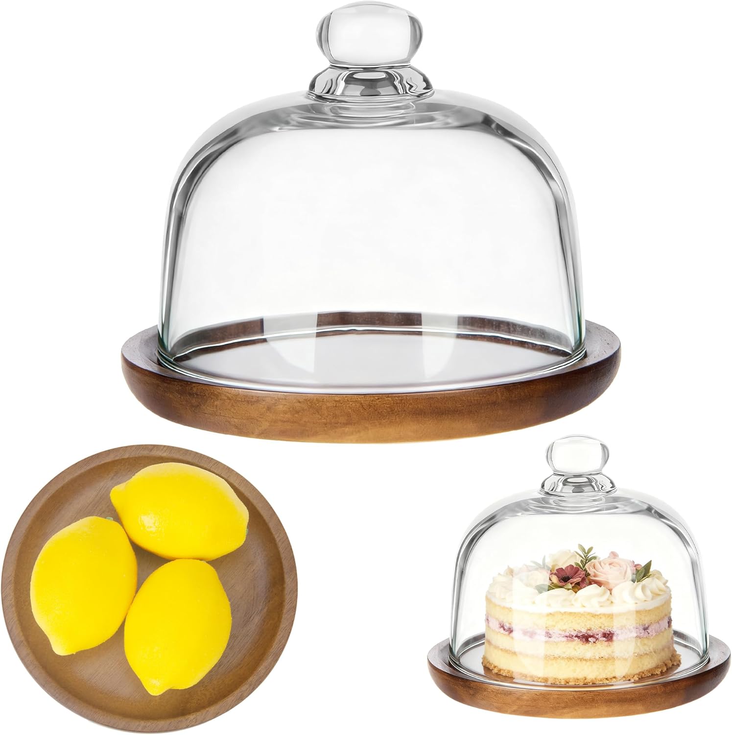 Petit présentoir à gâteaux avec base en bois de 15,2 cm avec dôme en verre, cloche en verre transparent pour dessert, fromage, bonbons, plantes succulentes Rond de 15,2 Cm