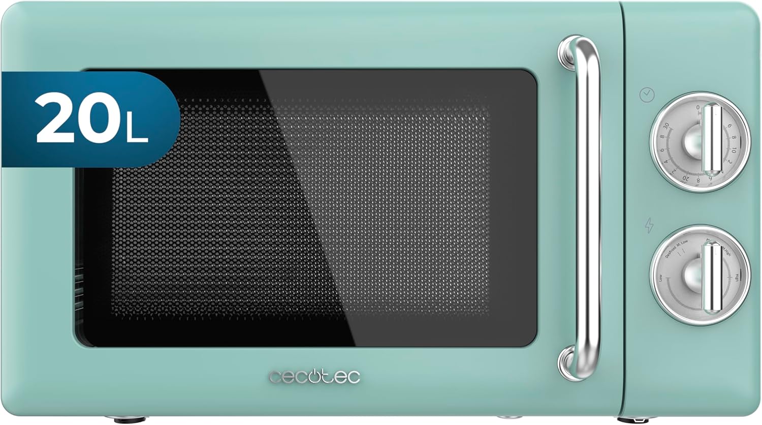 Micro-Ondes Mécanique Proclean 3010 Retro Vert - 20 L, 700 W en 6 niveaux, minuterie jusqu'à 30 minutes, mode dégivrage, design vert vintage, finitions en acier - Manuel Vert