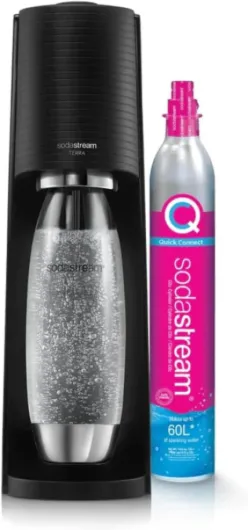 TERRA Machine à Eau Pétillante et Soda - Pack 1 Bouteille 1L Finition Acier Inoxydable Compatible Lave-Vaisselle + 1 Recharge de Gaz 60L à Clipser - Noire Terra Noir