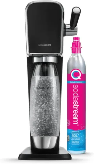 Art Machine à Eau Pétillante et Soda - Pack 1 Bouteille 1L Finition Acier Inoxydable Compatible Lave-Vaisselle + 1 Recharge de Gaz 60L à Clipser - Noire