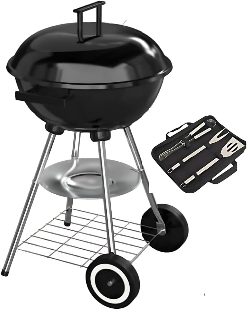 Barbecue à Charbon de Bois Rond 4 pieds (stable) avec Couvercle (fumoir) et Roulettes + 3 ustensiles) Barbecue + 3 Ustensiles