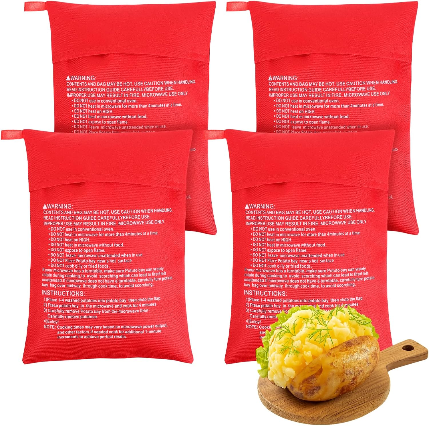 Bewudy Lot de 4 sacs de cuisson réutilisables pour pommes de terre au four à micro-ondes, 25 x 19 cm, parfaits pour les pommes de terre au four, les patates douces, le maïs, et plus encore
