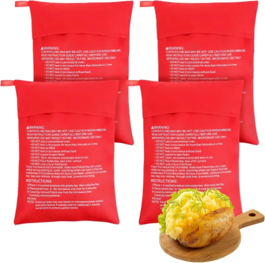 Bewudy Lot de 4 sacs de cuisson réutilisables pour pommes de terre au four à micro-ondes, 25 x 19 cm, parfaits pour les pommes de terre au four, les patates douces, le maïs, et plus encore