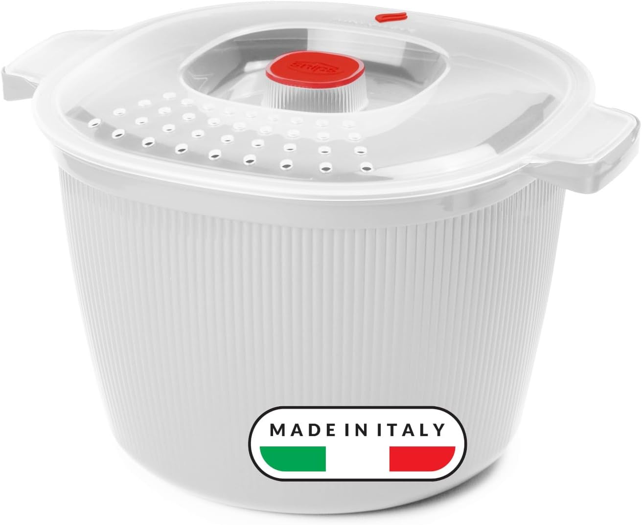 Cuiseur Vapeur Pâtes et Pommes de Terre Micro Onde 4L, Conteneur Alimentaire Micro Ondes avec Passoire Intégrée pour Cuit Vapeur, Récipient pour Cuisson Rapide Blanc 26,5x22x16,5 Made in Italy Cuiseur à pâtes et pommes de terre