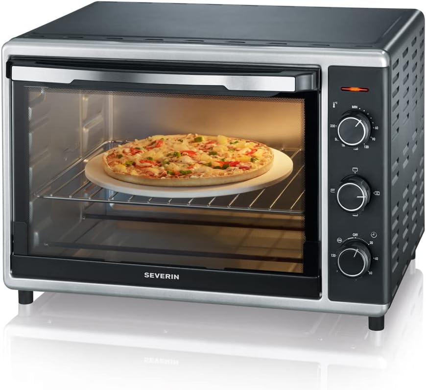 Mini-Four à chaleur tournante 42 L avec pierre à pizza et tournebroche, Four posable 1 800 W design élégant, électrique avec minuteur 120 min, Noir/Inox, TO 2058 Litrage 42 L Puissance 1 800 W