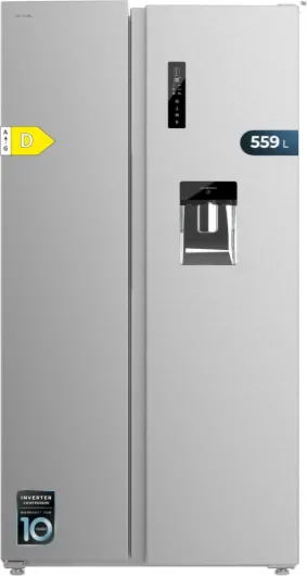 Réfrigérateur Américain de 559 Litres Bolero CoolMarket SBS 562 Inox D - 177 cm de Hauteur et 90 cm de Largeur, Classe D, Système Multi Air Flow, No Frost Total, Moteur Inverter Plus Inox - Distributeur D'eau Classe D
