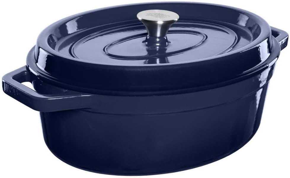 Cocotte en fonte émaillée avec couvercle et larges poignées - cocotte ovale en fonte pour sauces à l’avoine - capacité 5.6L, Bleu