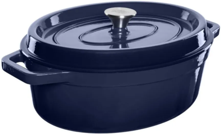 Cocotte en fonte émaillée avec couvercle et larges poignées - cocotte ovale en fonte pour sauces à l’avoine - capacité 5.6L, Bleu