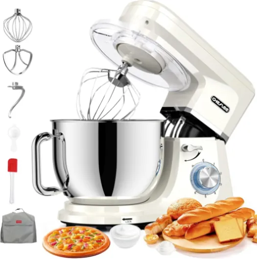 Robot Pâtissier 2000W Robot Pétrin Professionnel 7.2 L Faible Bruit Robot de Cuisine Multifonction avec Fouet, Batteur, Crochet, Bol d'Acier Inoxydable, 6 Vitesses Cream White