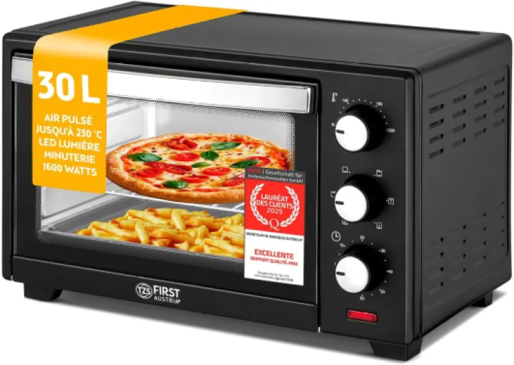 TZS First Austria - Mini-Four 30L 1600W - Four avec réglage de la température jusqu'à 230°C - Avec minuteur de 60 min, 3 hauteurs d'insertion, plaque et grille - Pour petites cuisines et camping