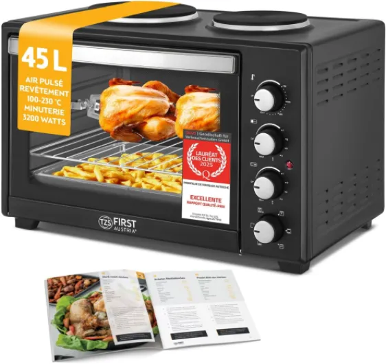TZS First Austria - Mini-Four avec plaques de cuisson 45L 3200 W - Four à pizza jusqu'à 230°C & revêtement antiadhésif - Multifonction avec 4 hauteurs d'insertion & accessoires de haute qualité 45L - analog
