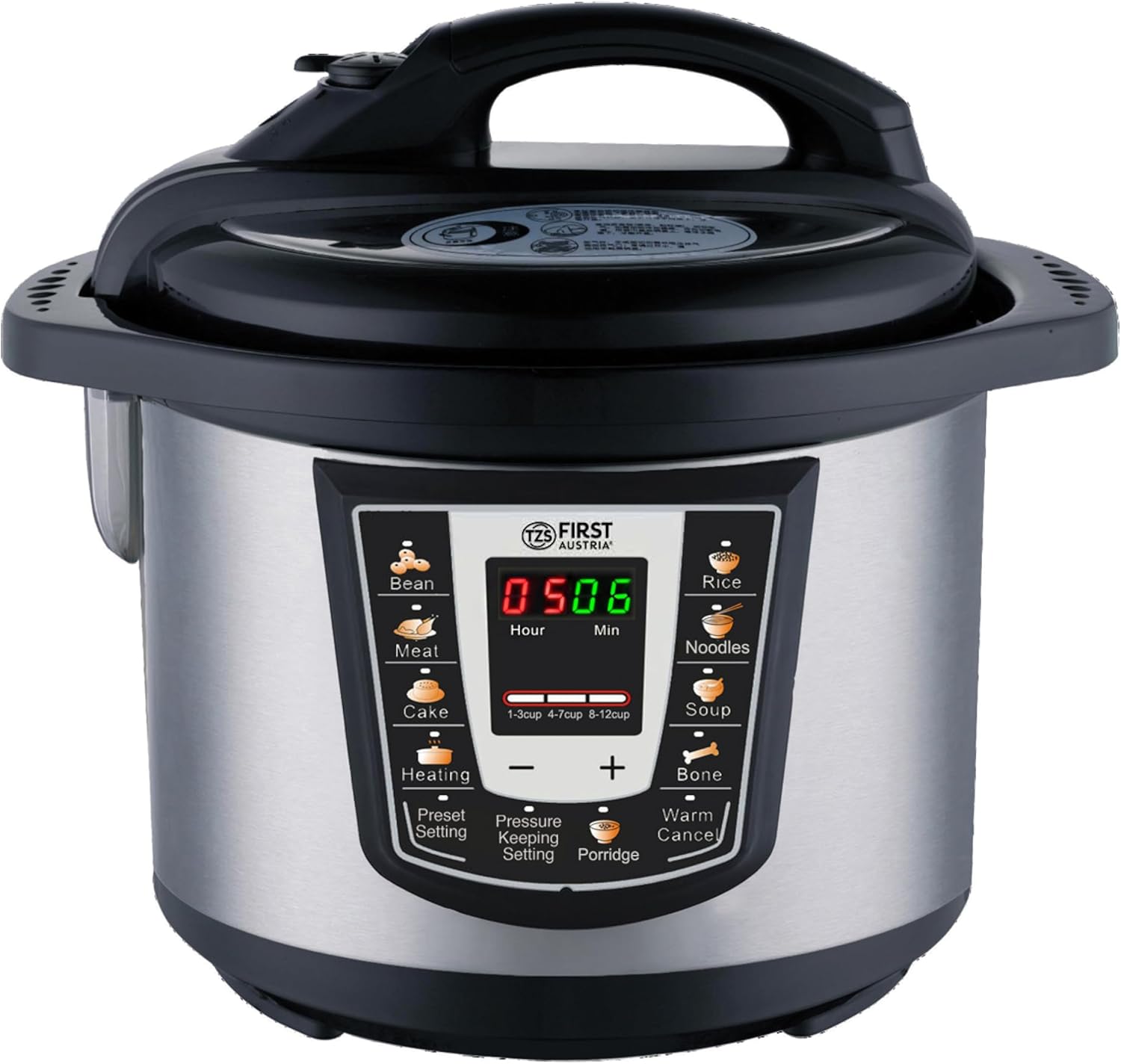 TZS First Austria - Autocuiseur électrique 6L avec 9 programmes automatiques - Multicooker 1000W comme cuiseur à riz, à vapeur, mijoteuse, etc - - Multicuiseur électrique à pression & livre recettes Noir/Gris