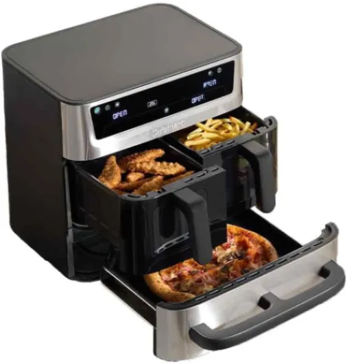 Tri Zone Air fryer et Four 13,6L sans PFAS, 3 zones, 2 paniers 4,3L + four 5L, 9 fonctions : airfryer, rôtir, griller, cuire, réchauffer, déshydrater, pizza, toast, manuel, Acier inoxydable Tri Zone Acier inoxydable