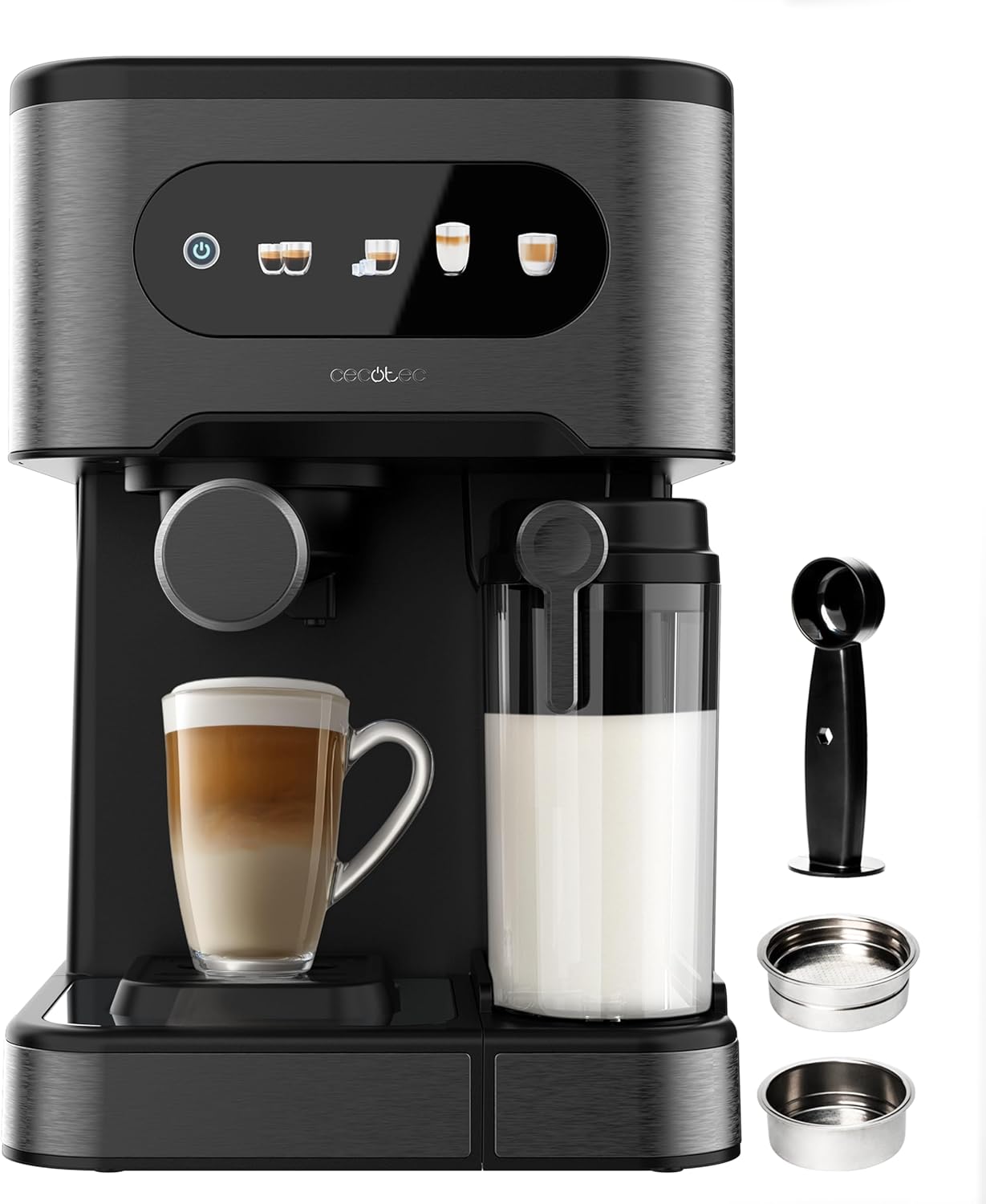 Machine à Café Expresso Power Espresso 20 ColdBrew Latte + - 1350W, 20 Bars, Écran Tactile Couleur, Réservoir d'Eau 1,5L, 500ml de Lait, Acier Foncé, Chauffe-tasses, Double Bras, Démontable
