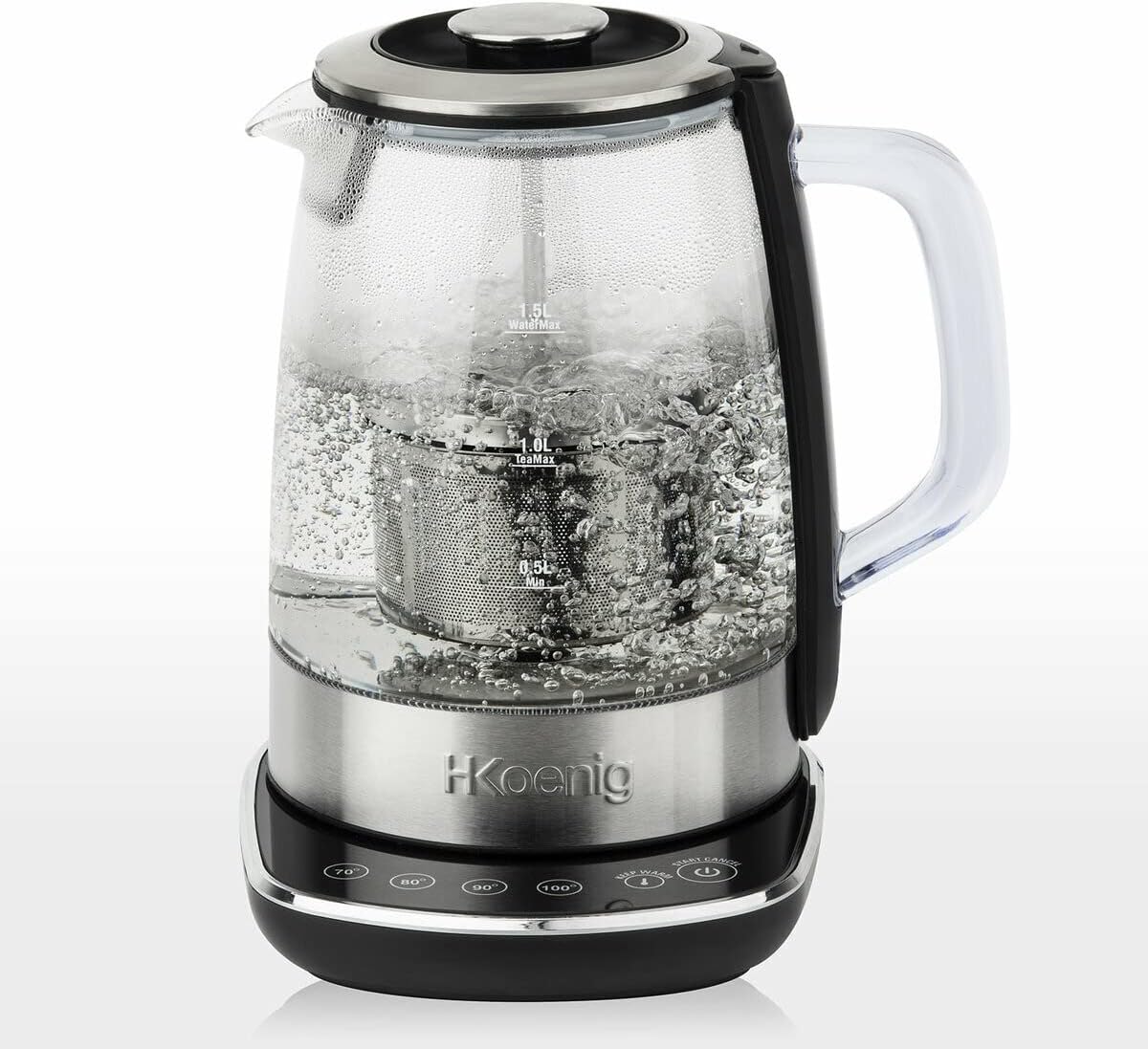H.Koenig Théière Bouilloire Instant T électrique en Verre 1.5L TI600 avec Infuseur filtre à Thé Inox 2200W Compacte, Ebullition rapide, Thermostat Réglable 70° à 100°C, Maintien au chaud, 2couvercles