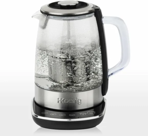 H.Koenig Théière Bouilloire Instant T électrique en Verre 1.5L TI600 avec Infuseur filtre à Thé Inox 2200W Compacte, Ebullition rapide, Thermostat Réglable 70° à 100°C, Maintien au chaud, 2couvercles