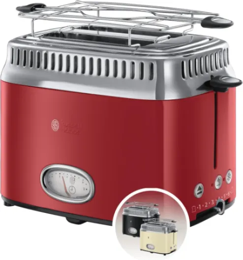 Grille Pain (Design Vintage Premium) Retro rouge (2 Tranches, 6 niveaux de brunnissage rapide, Fonction annulation, décongélation et réchauffage Viennoiserie, 1300W) Toaster 21680-56