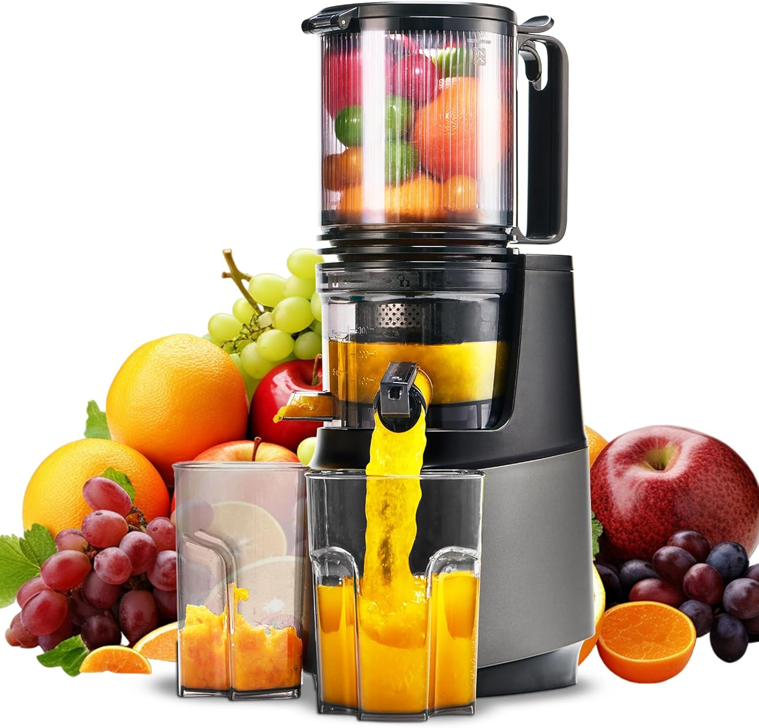 Extracteur de Jus de Fruits et Légumes, Ouverture de 13.5cm capacité de 2L Machine a Jus de Fruit, Slow Jucier Facile à installer, Gris