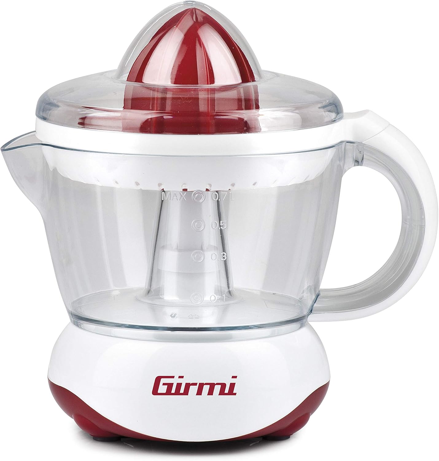 Girmi SR02 Presse-agrumes électrique, 25W, Double rotation, Capacité 700ml, Double cône de pressage petit et grand, Rouge-Blanc